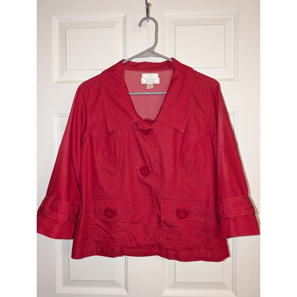 Christopher & Banks Petite Red Crop Jacket Large Button Utility Y2K 3/4 Sleeve